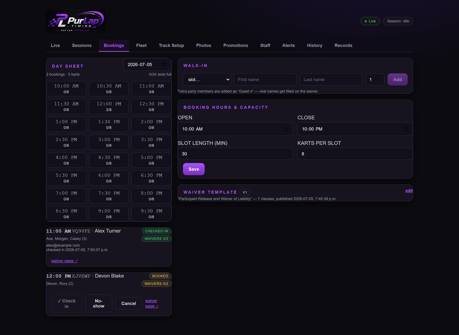 Bookings day sheet with waiver tracking
